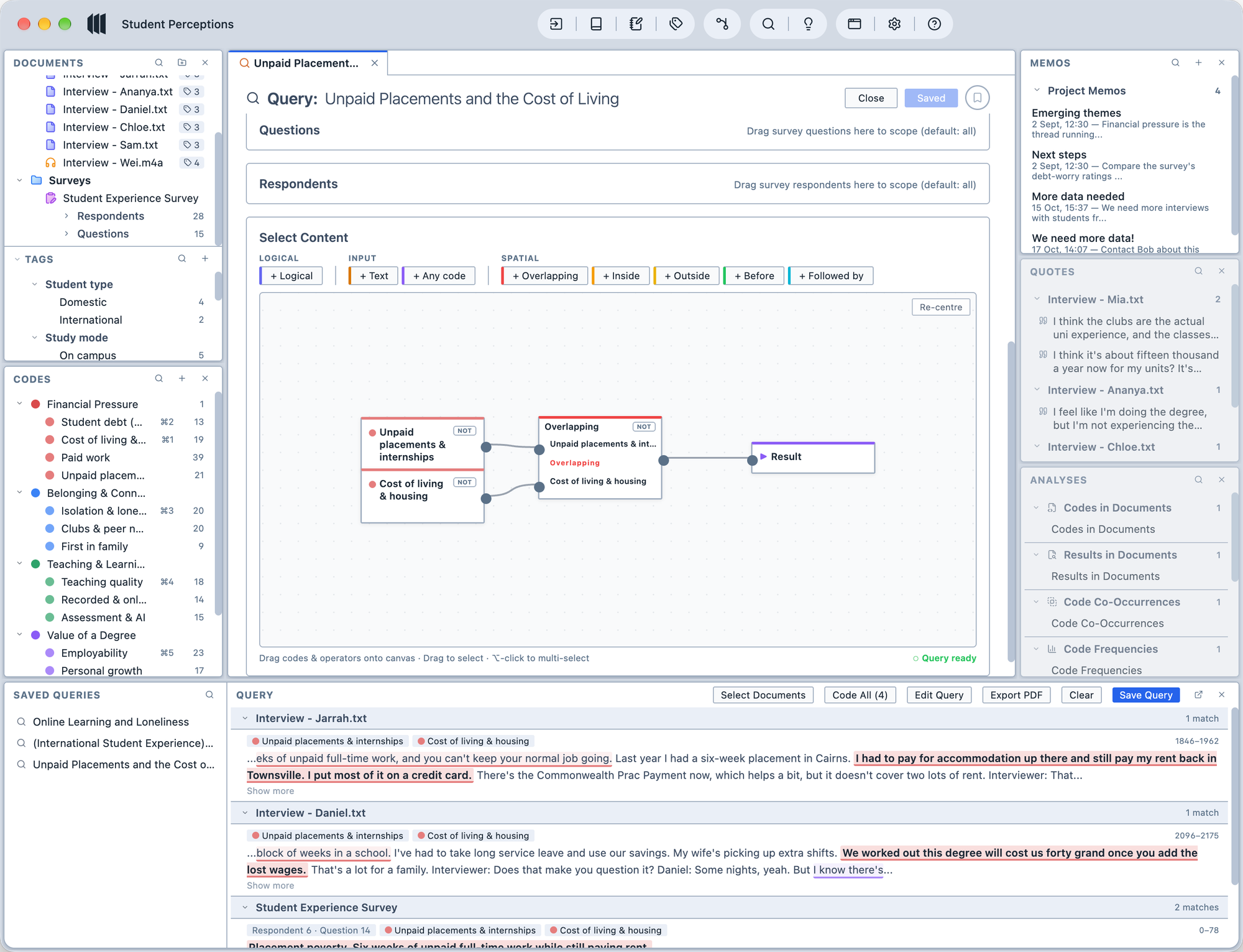 The graphical query builder: two code nodes feed an Overlapping operator connected to a Result node, with matching passages listed in the query panel below.